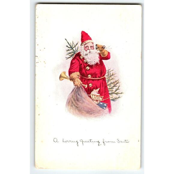 Christmas Postcard A Loving Greeting Santa Claus Candlestick Telephone Fairman - Picture 1 of 2